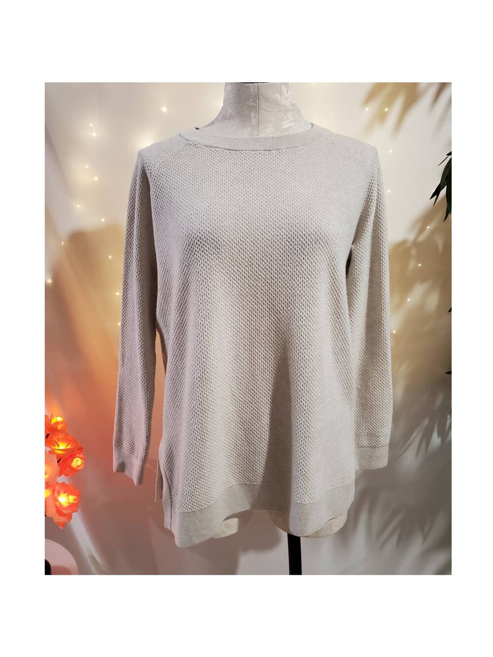 Kinross Cashmere Cream Pointelle Knit Pullover Sweater Womens Size XS Neutral